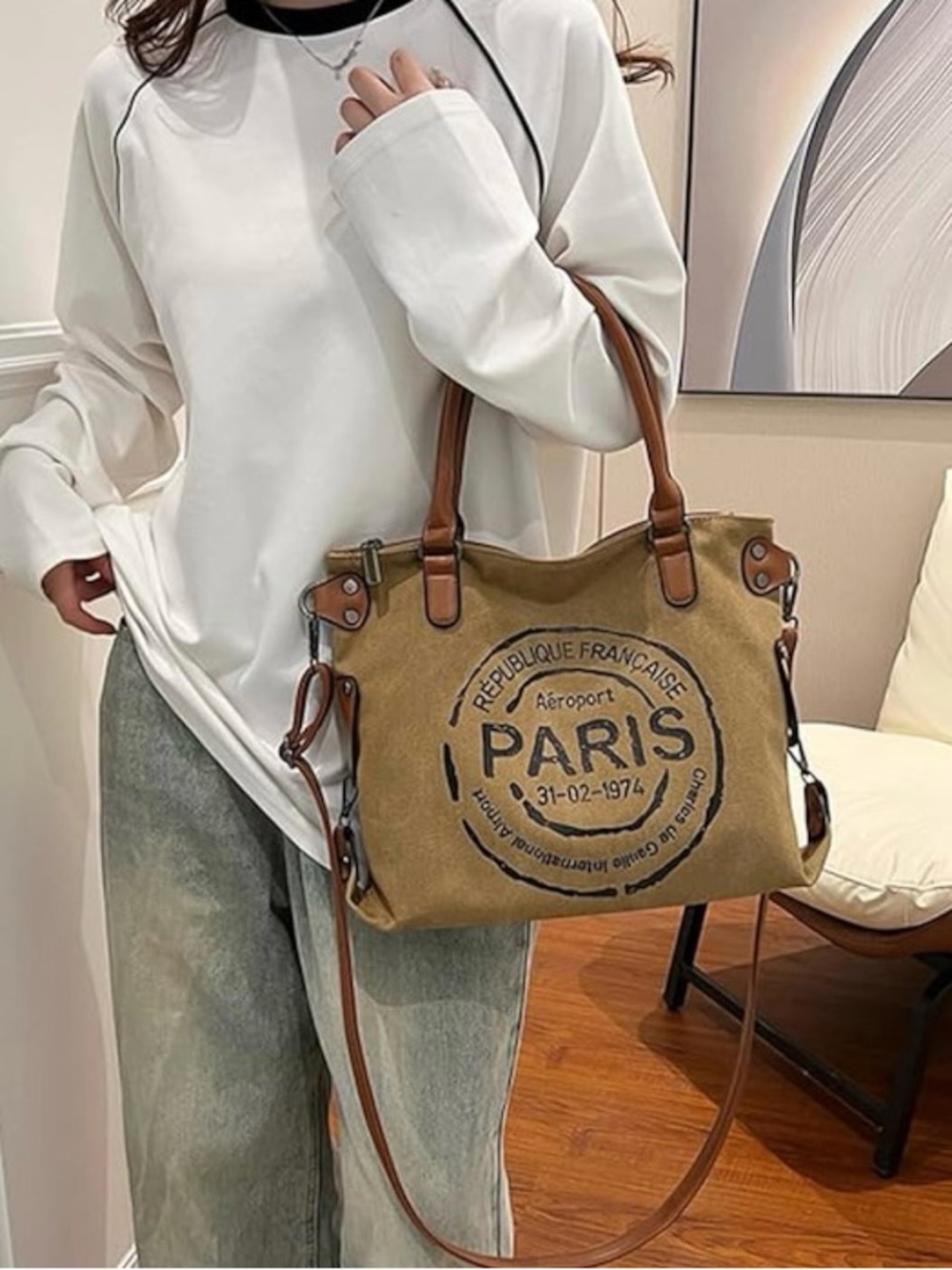 Source Unknown Brown Canvas Paris Stamp Tote Bag NWOT - Picture 2 of 4
